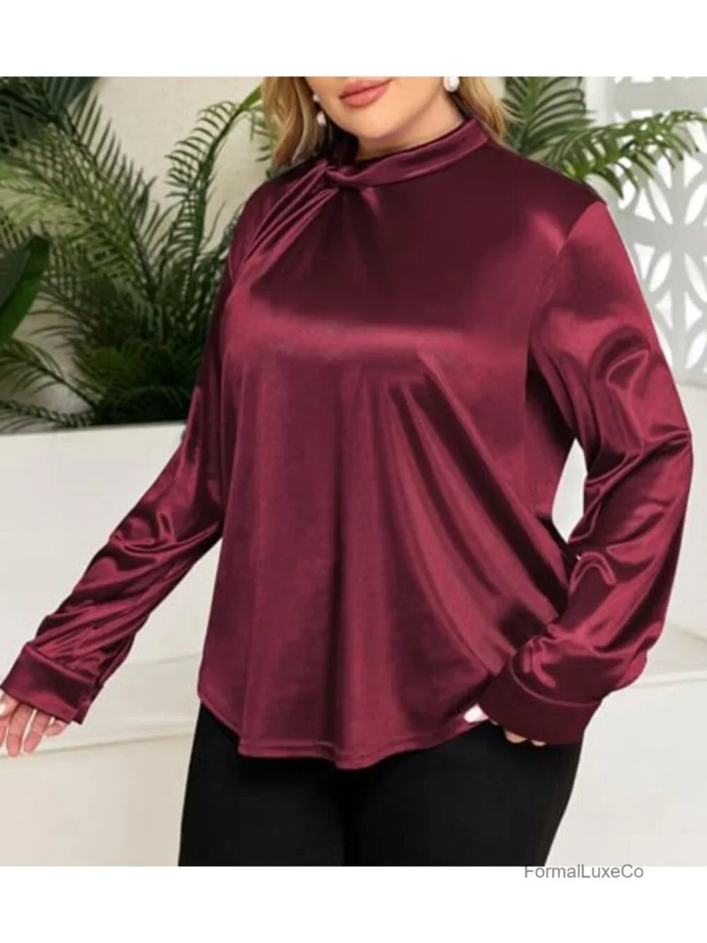 Plus Size Long Sleeve Satin Blouse Mock Neck Twist Knot Work Top